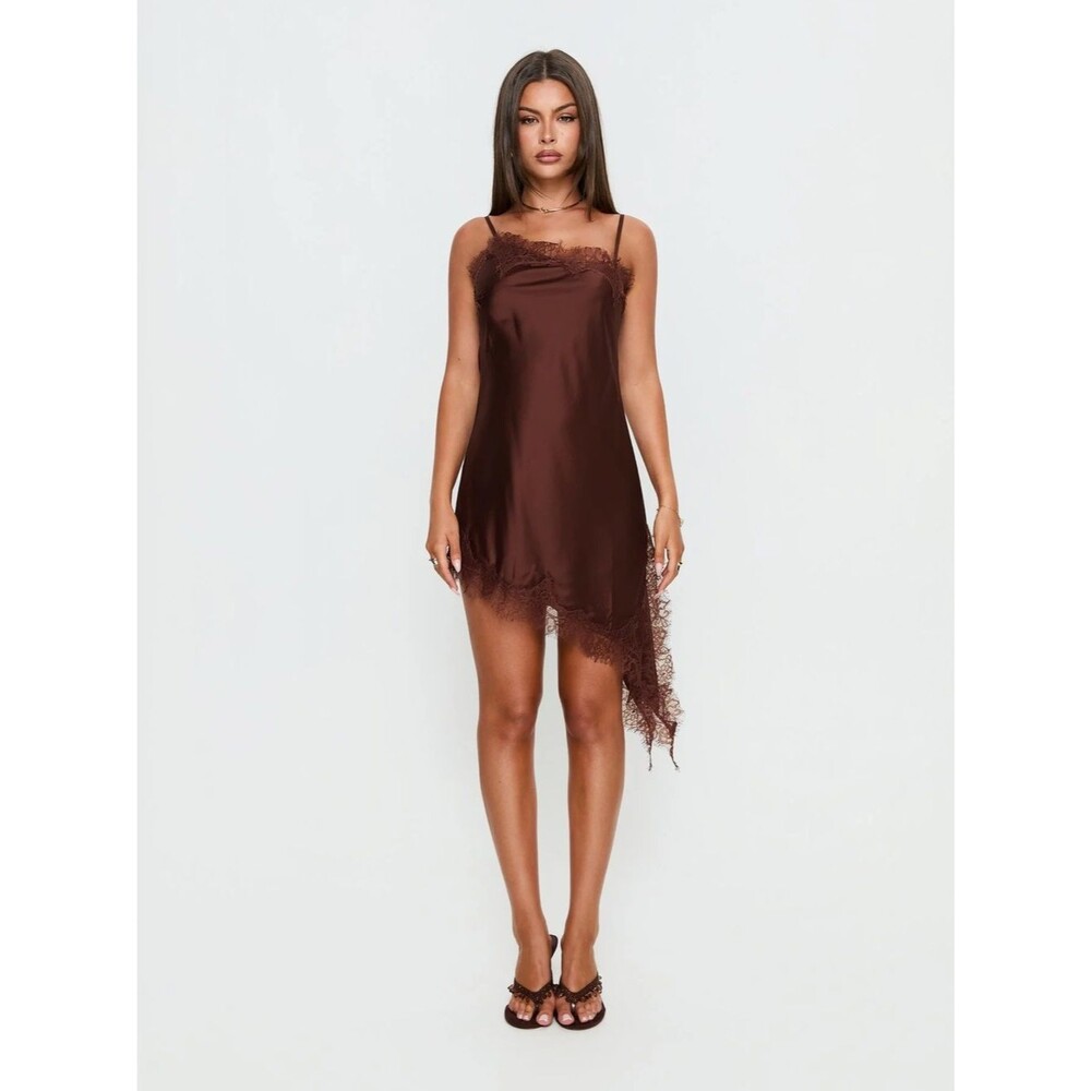 Princess Polly Lace Slip Dress Asymmetrical Mini Chocolate Brown Malakhai US 12
